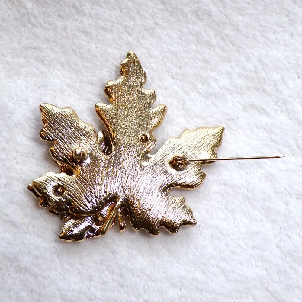Fall Leaves Enamel Gold Brooch 2 1/4